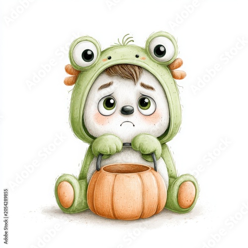 Cute Sad Animal in Frog Costume Watercolor Illustration for Halloween and Emotional Mood Designs