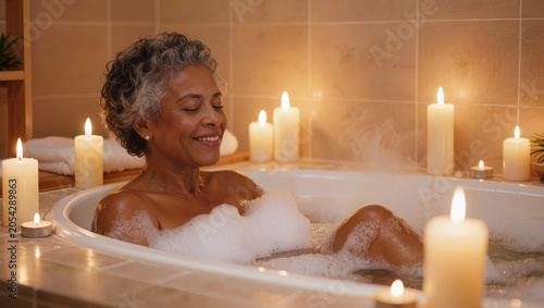 Senior woman relaxing in bubble bath with candles