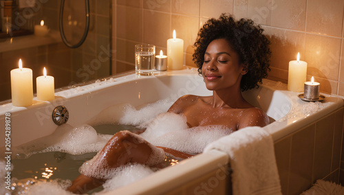 Woman relaxing in foam bath by candlelight