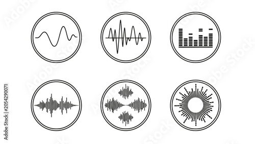 Bilde på lerret Six circular icons depicting various forms of audio waveforms and sound visualizations, presented in a 2x3 grid