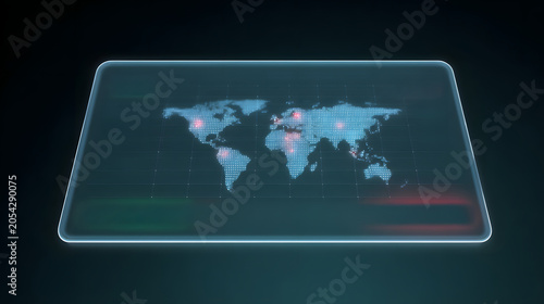 This design features a world map with clear financial data and metrics