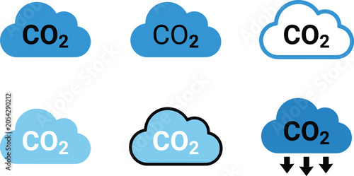 Slika na platnu Carbon dioxide emission cloud icons set with environmental monitoring and climat