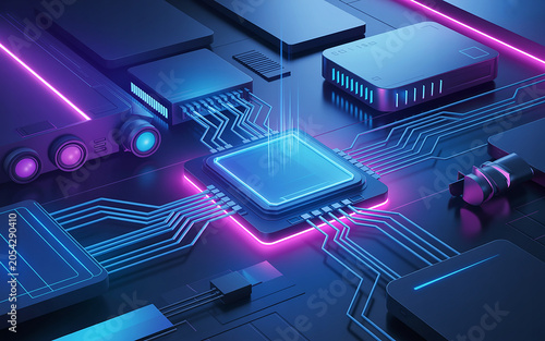 Digital Computer Circuit Board with Processor and Data Network Technology Illustration