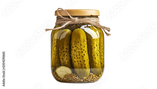A jar of pickles with whole gherkins, mustard seeds and a tied brown lid.