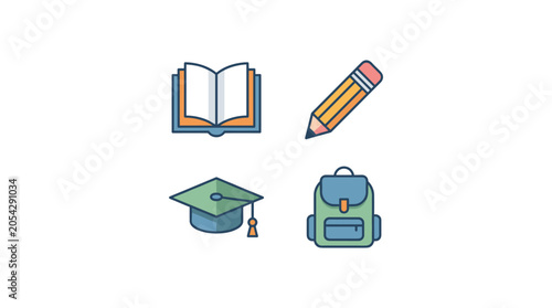 School study icons set with open book pencil graduation cap and backpack in flat design.