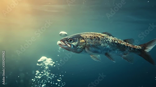 A single wild salmon swims peacefully through deep blue river water while rising air bubbles trail behind it under the surface sunlight glow