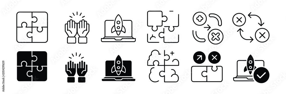 Obraz premium Startup Icon Set. A collection of minimalist icons representing key aspects of a startup's journey, including puzzles, high-fives, and rocket ship launch on a laptop.