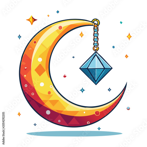 Stylized Crescent Moon with Diamond and Sparkles
