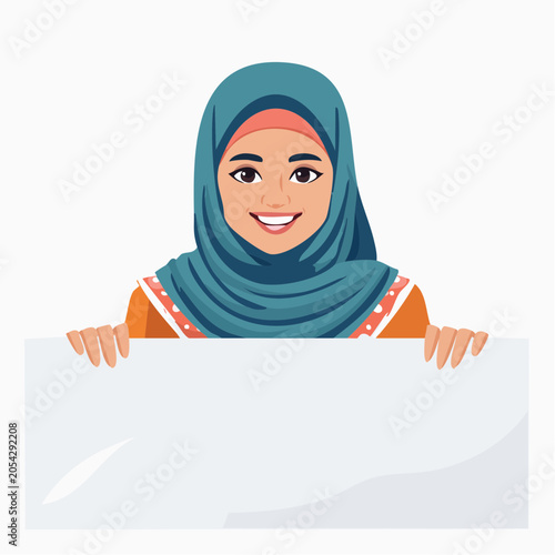 Smiling Woman in Hijab Holding a Blank Sign