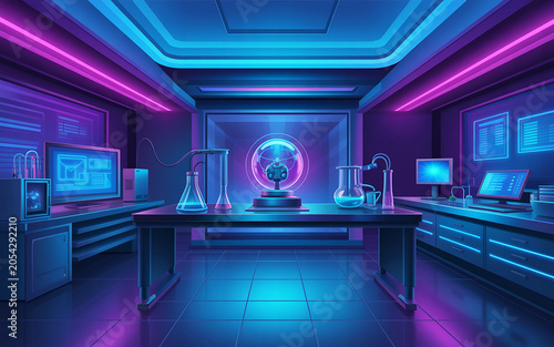 Futuristic laboratory with neon lights and various scientific equipment on tables