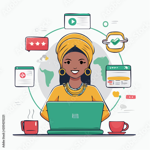 Woman Working Remotely with Laptop and Digital Icons