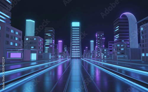 Futuristic neon lit cityscape with sleek skyscrapers and glowing streets at night