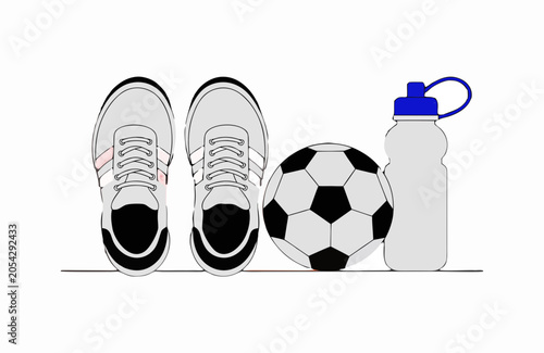 Square of sports equipment: sneakers, ball, water bottle, no background