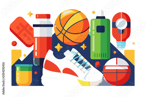 Square of sports equipment: sneakers, ball, water bottle, no background