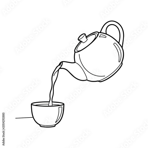 Minimalist line art illustration of a teapot pouring hot tea into a small ceramic cup