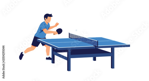 Young man playing table tennis illustration, professional ping pong athlete hitting the ball on a blue table