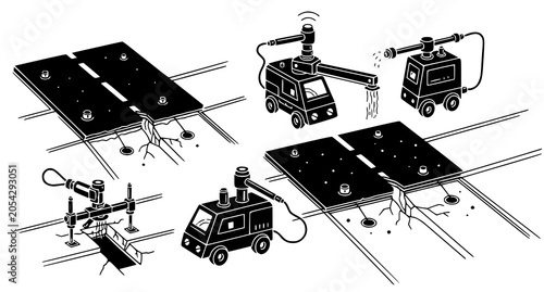 фотографія Industrial road repair and maintenance machinery icons showing automated asphalt