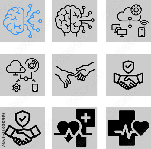 Artificial Intelligence and Healthcare Line Icons Set Vector Collection with Cloud Computing, Neural Network, Medical Heart, Trust and Security Symbols