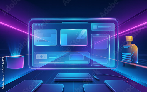 Neon lit computer desktop with futuristic interface and purple accents on desk