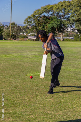 White cricket bat is striking red ball on short grass pitch under clear blue sky