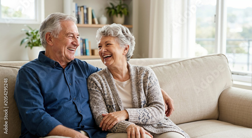 Happy elderly couple laughing together on a sofa. Smiling senior husband and wife relaxing in a bright living room. Retirement lifestyle and companionship concept