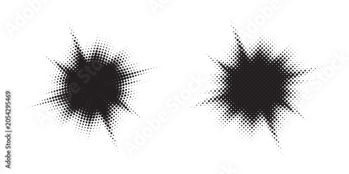Halftone circle frame background set with round dotted borders and random dot patterns. Burst light effect with glowing rays, abstract grunge halftone texture, vector illustration.