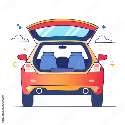 Red car with open trunk, flat vector illustration