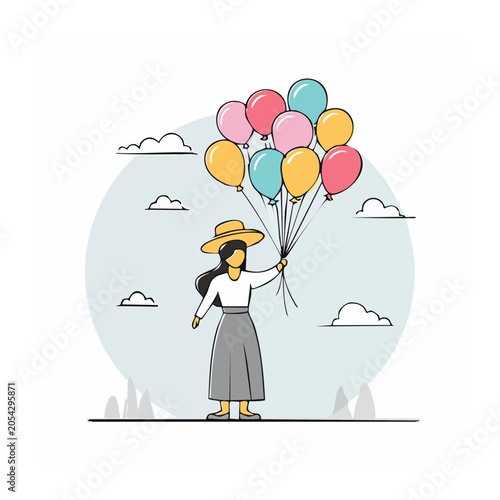 Woman Holding Colorful Balloons Line Art Illustration