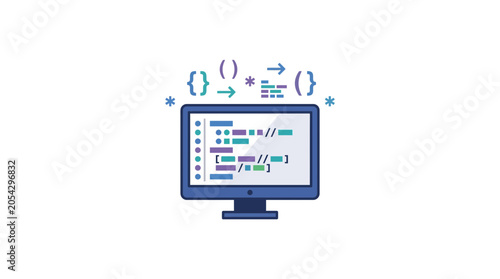Photos Computer Screen with Programming Code and Software Development Symbols