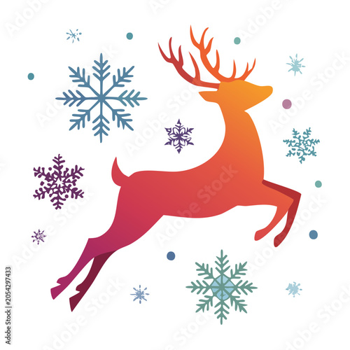 Jumping Reindeer with Snowflakes Flat Design