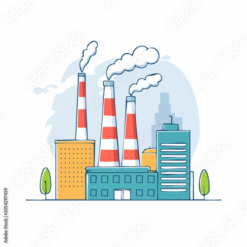Industrial Factory with Smokestacks Emitting Smoke