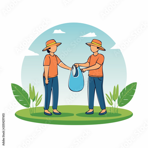Two people sharing a bag outdoors