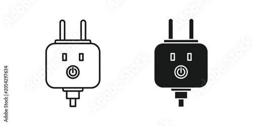 Smart plug outline and solid icon with power button on white background for smart home concept