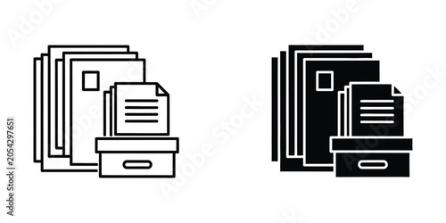 Stack of documents and filing box in outline and solid black style for data organization concept