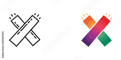 Two crossed sparklers glowing with vibrant rainbow colors against a white background