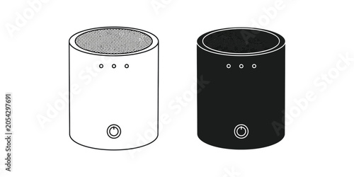 Two cylindrical diffusers one black and one white with indicator lights and power buttons on a white background
