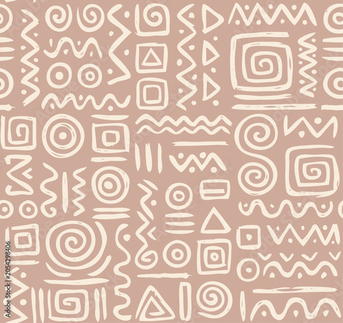 Warm powder blush mudcloth seamless surface pattern with cream folk symbols. Bogolan primitive doodle repeat wallpaper for cozy nursery decor, baby shower and kids apparel print.