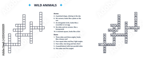 Photography Kids' Crossword Puzzle featuring Wild Animals and Geometric Shapes