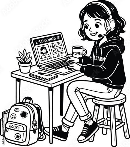 A black and white illustration of a school backpack with stickers and books