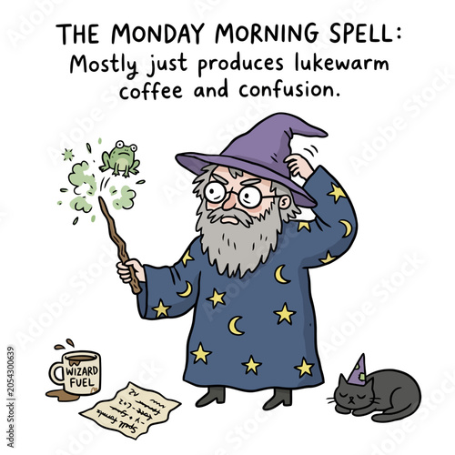 Fotografie Confused wizard performing morning spell for coffee.
