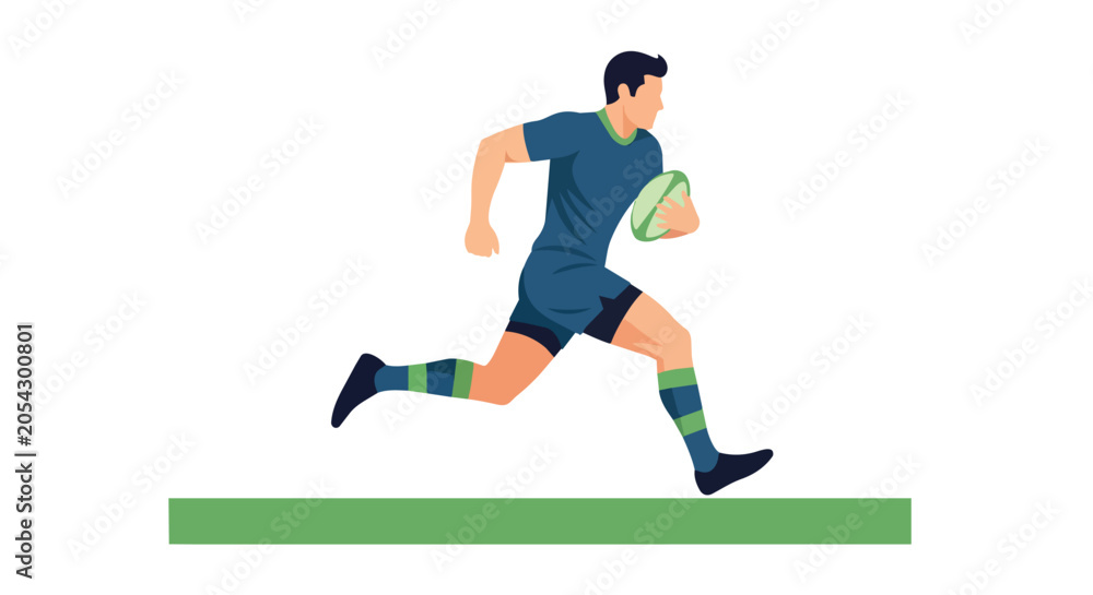 Obraz premium Athletic Male Rugby Player Running with Ball on Green Field Illustration Isolated on White