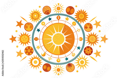Circle of zodiac signs with the sun shining in the center, no background