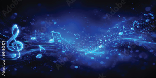 Blue abstract music notes background with glowing effects