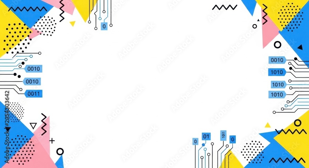 Obraz premium Abstract geometric shapes with circuit board elements and binary code data frame background.