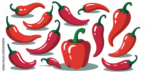 Foto Red Chili Peppers and Bell Pepper Illustration Featuring Stylized Spicy Vegetabl