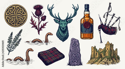 Collection of Traditional Cultural Symbols and Elements in Vintage Engraved Style Illustration
