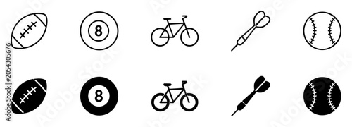 Billede på lærred Set of black and white sports and recreational icons including football, billiar