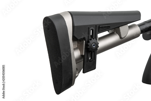 Obraz na plátně Close-up of an adjustable tactical shotgun buttstock with recoil pad on a white