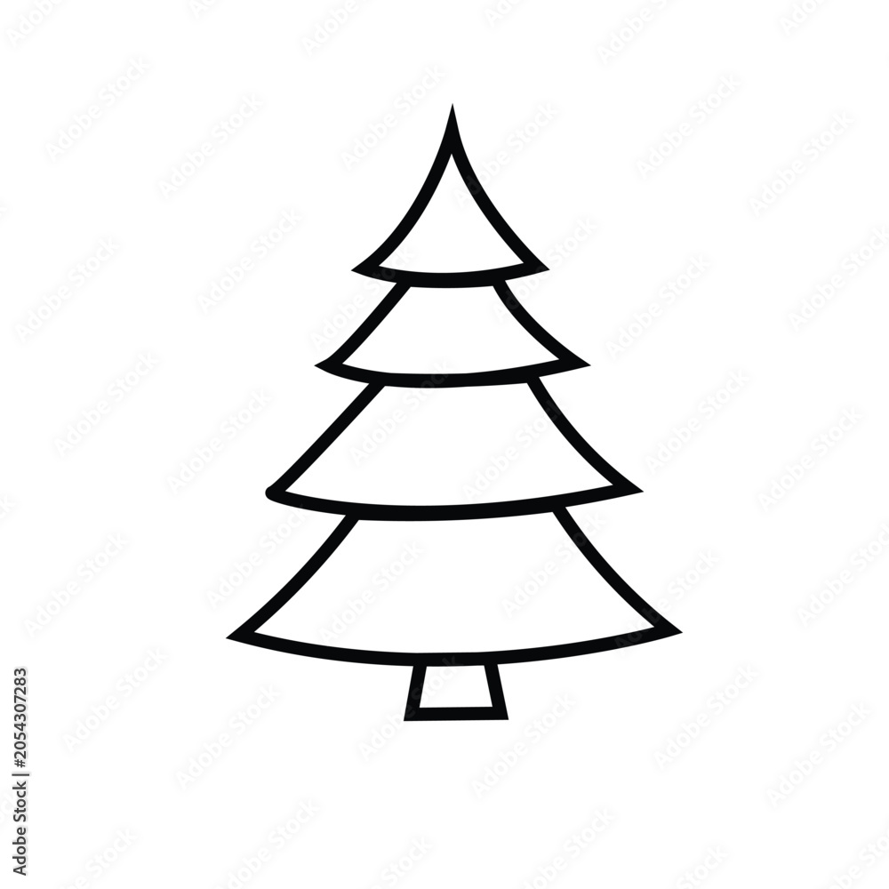 Fototapeta premium Stylized black line drawing of a Christmas tree with a simple square base isolated on transparent background