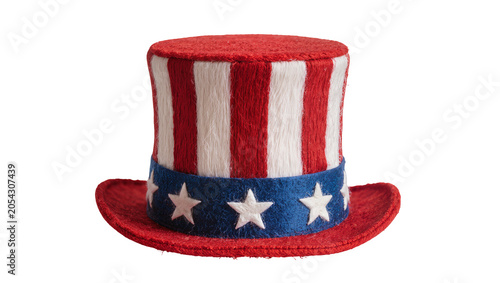 Foto Uncle Sam hat with red and white stripes and blue band with stars, isolated on t